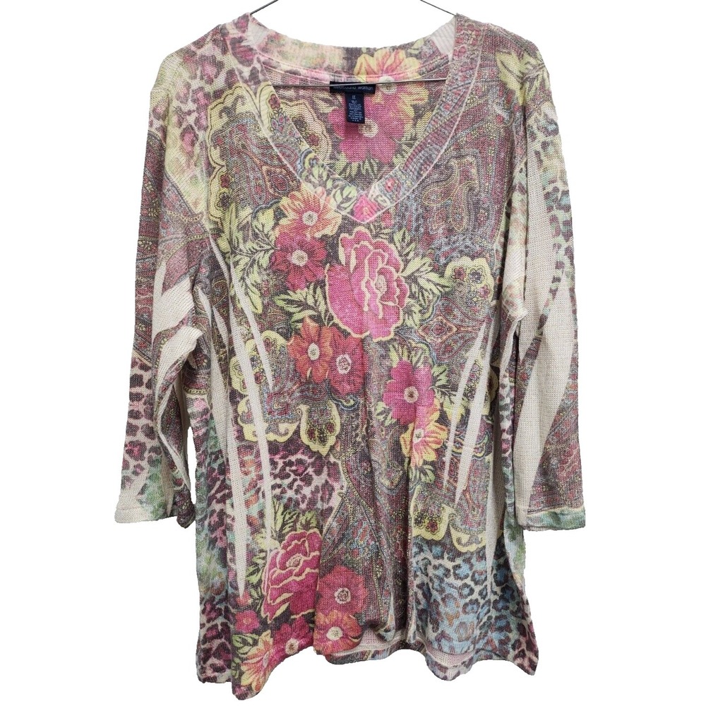 Westbound Womens Wearable Art Sweater Size‎ 1X Floral V-Neck Metallic 3/4 Sleeve